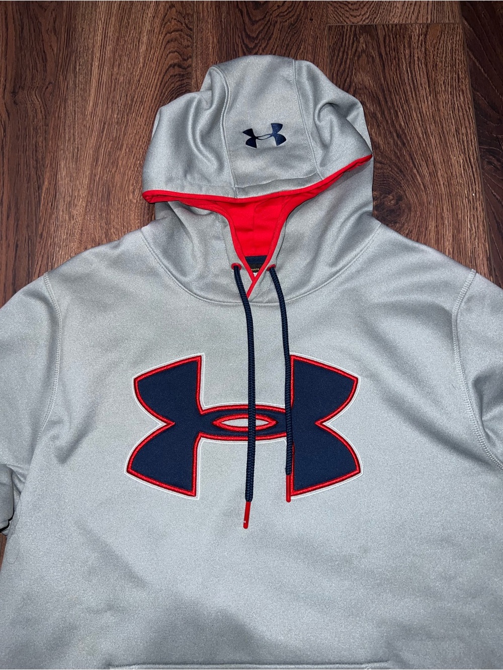 Under Armour Men's Light Gray Hoodie with Navy & Red Logo